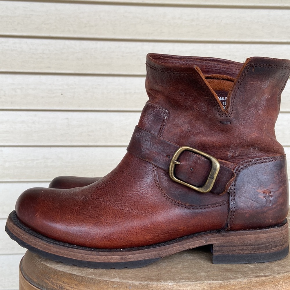 Frye Veronica Leather Low Ankle Moto Boots in Redwood Women's Size 6 - Picture 3 of 10